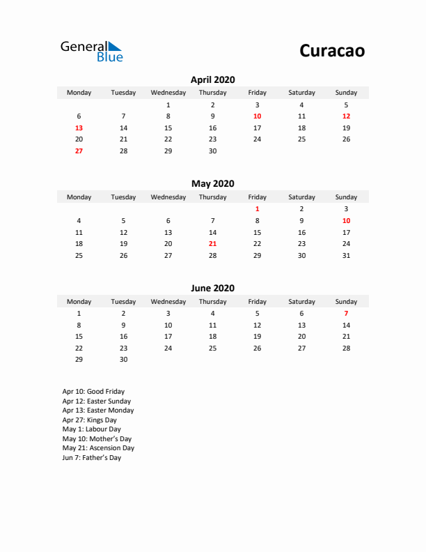 Printable Quarterly Calendar with Notes and Curacao Holidays- Q2 of 2020