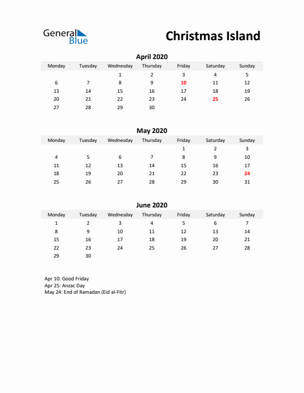 Printable Quarterly Calendar with Notes and Christmas Island Holidays- Q2 of 2020