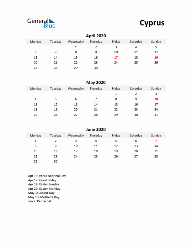 Printable Quarterly Calendar with Notes and Cyprus Holidays- Q2 of 2020