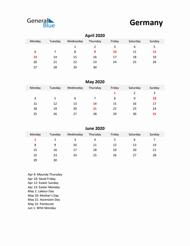 Printable Quarterly Calendar with Notes and Germany Holidays- Q2 of 2020