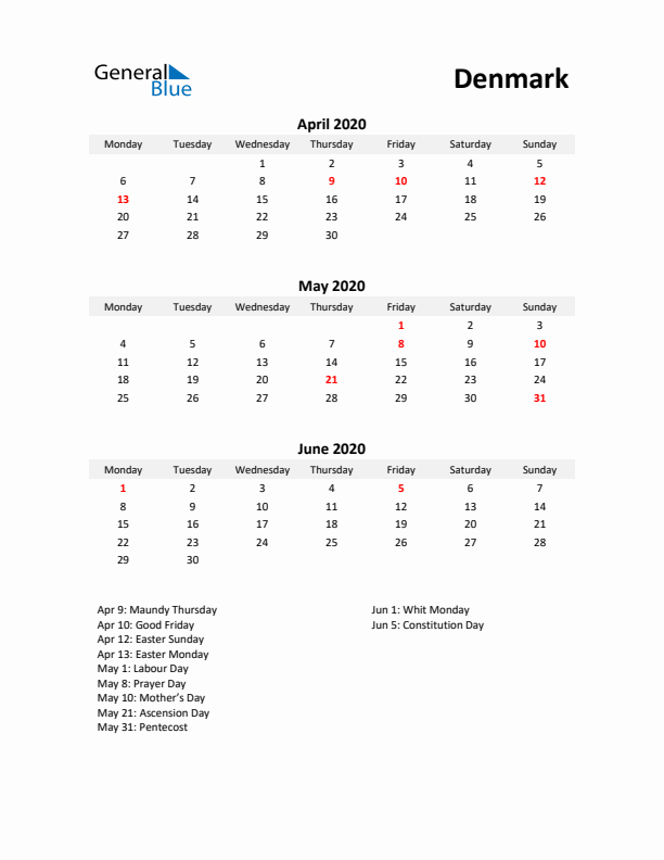 Printable Quarterly Calendar with Notes and Denmark Holidays- Q2 of 2020