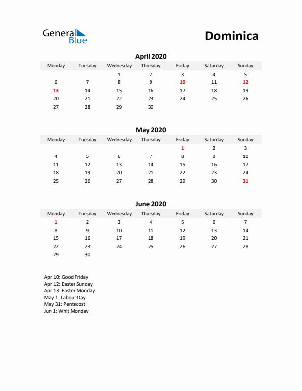 Printable Quarterly Calendar with Notes and Dominica Holidays- Q2 of 2020