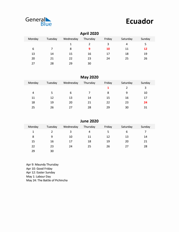 Printable Quarterly Calendar with Notes and Ecuador Holidays- Q2 of 2020