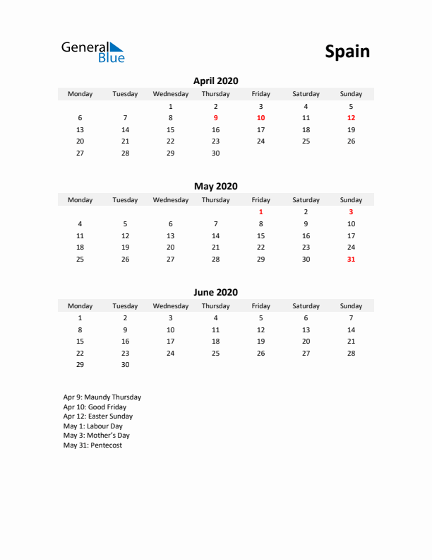 Printable Quarterly Calendar with Notes and Spain Holidays- Q2 of 2020