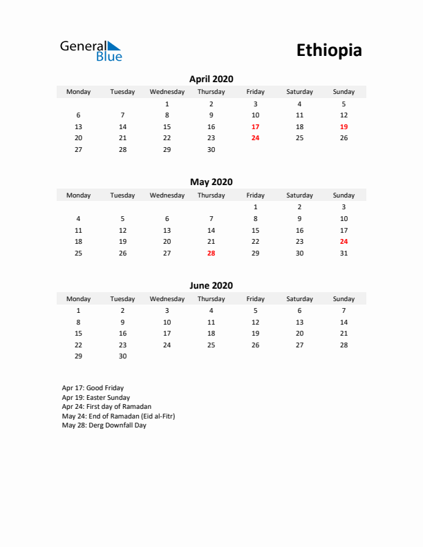 Printable Quarterly Calendar with Notes and Ethiopia Holidays- Q2 of 2020