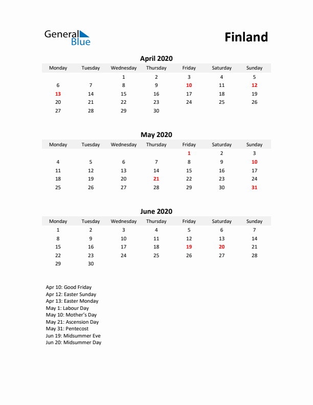 Printable Quarterly Calendar with Notes and Finland Holidays- Q2 of 2020