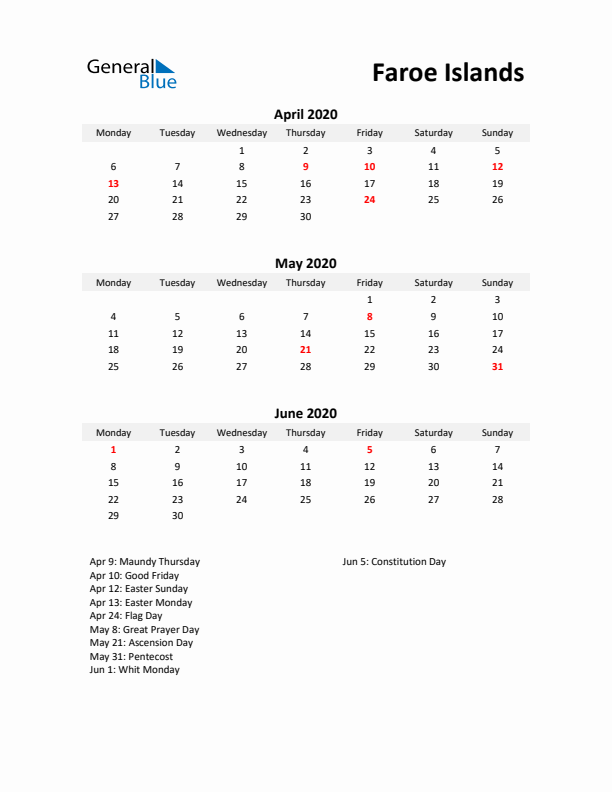 Printable Quarterly Calendar with Notes and Faroe Islands Holidays- Q2 of 2020