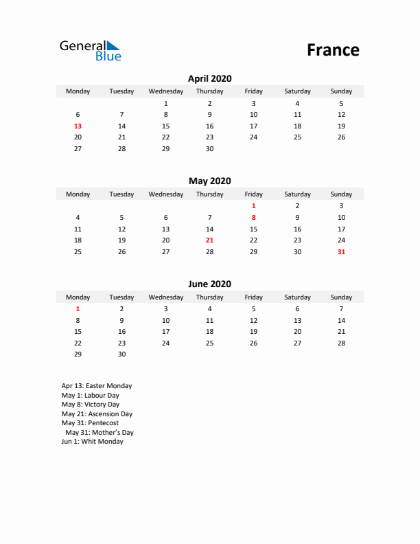 Printable Quarterly Calendar with Notes and France Holidays- Q2 of 2020