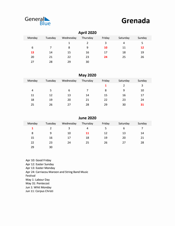 Printable Quarterly Calendar with Notes and Grenada Holidays- Q2 of 2020