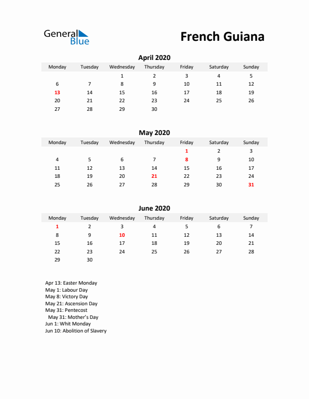 Printable Quarterly Calendar with Notes and French Guiana Holidays- Q2 of 2020