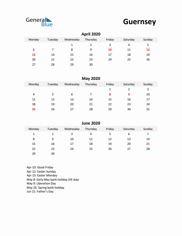 Printable Quarterly Calendar with Notes and Guernsey Holidays- Q2 of 2020