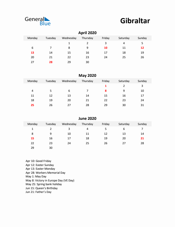 Printable Quarterly Calendar with Notes and Gibraltar Holidays- Q2 of 2020