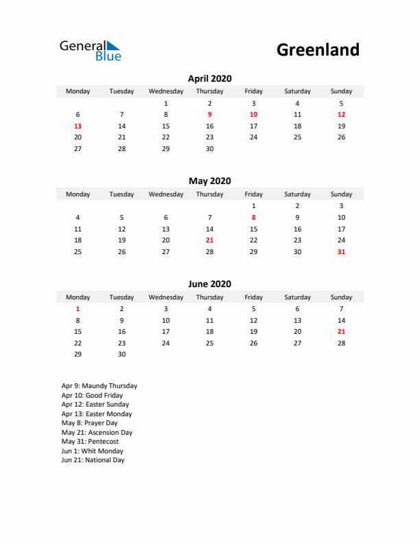 Printable Quarterly Calendar with Notes and Greenland Holidays- Q2 of 2020