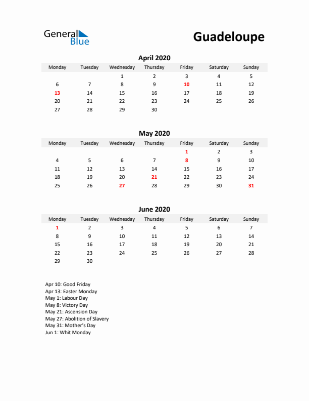 Printable Quarterly Calendar with Notes and Guadeloupe Holidays- Q2 of 2020