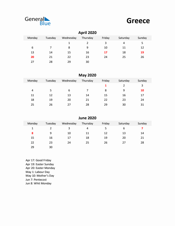 Printable Quarterly Calendar with Notes and Greece Holidays- Q2 of 2020