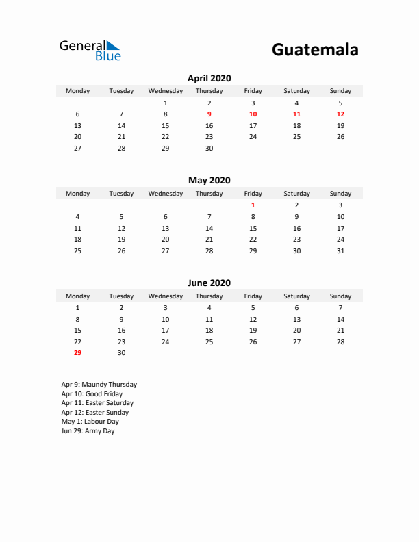 Printable Quarterly Calendar with Notes and Guatemala Holidays- Q2 of 2020