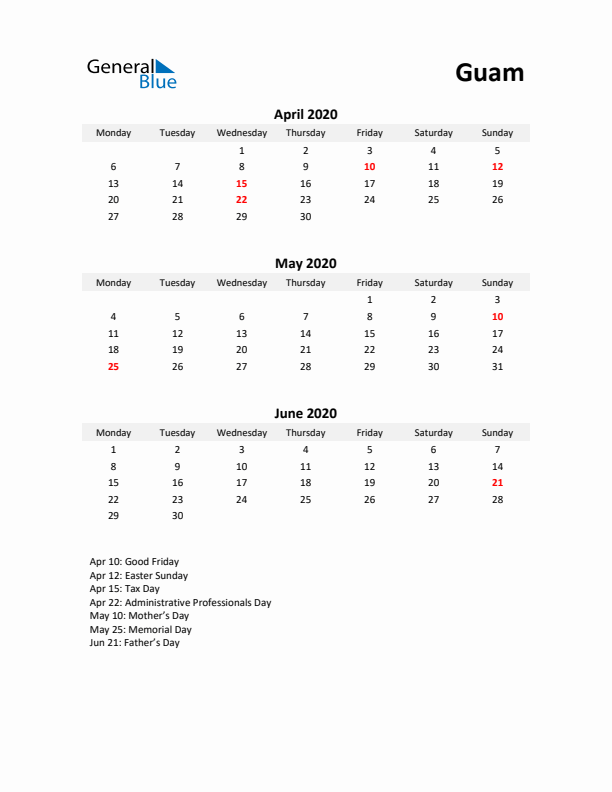 Printable Quarterly Calendar with Notes and Guam Holidays- Q2 of 2020