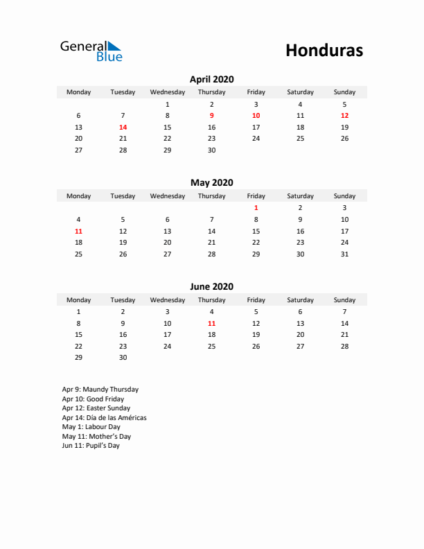 Printable Quarterly Calendar with Notes and Honduras Holidays- Q2 of 2020