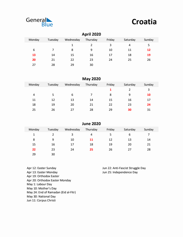 Printable Quarterly Calendar with Notes and Croatia Holidays- Q2 of 2020