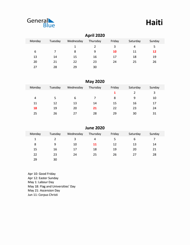 Printable Quarterly Calendar with Notes and Haiti Holidays- Q2 of 2020