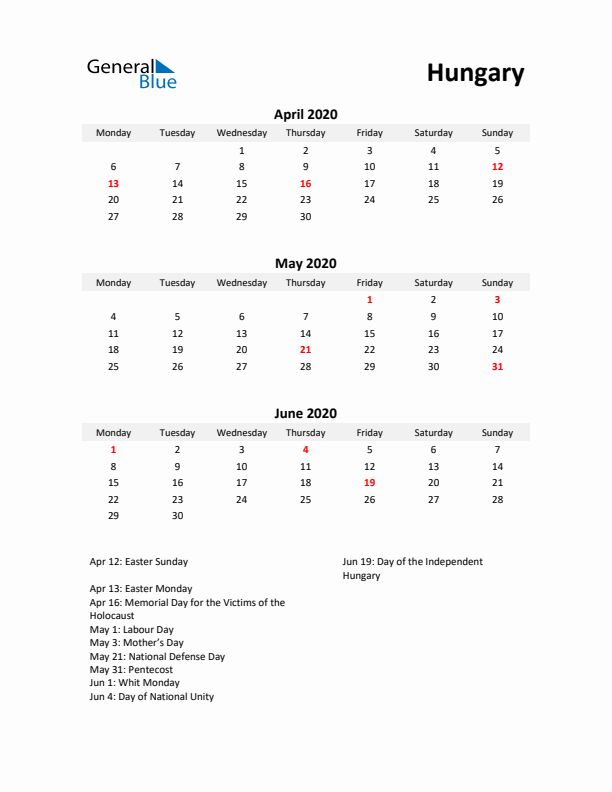 Printable Quarterly Calendar with Notes and Hungary Holidays- Q2 of 2020