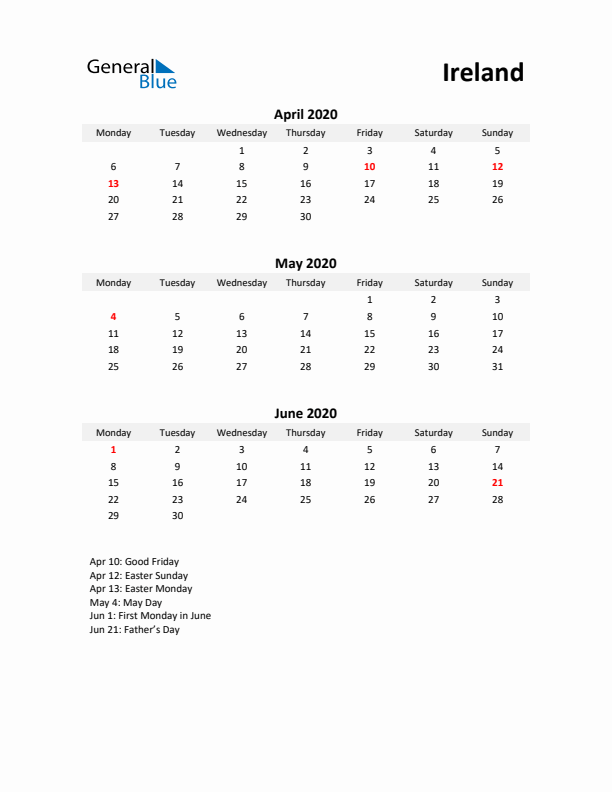 Printable Quarterly Calendar with Notes and Ireland Holidays- Q2 of 2020