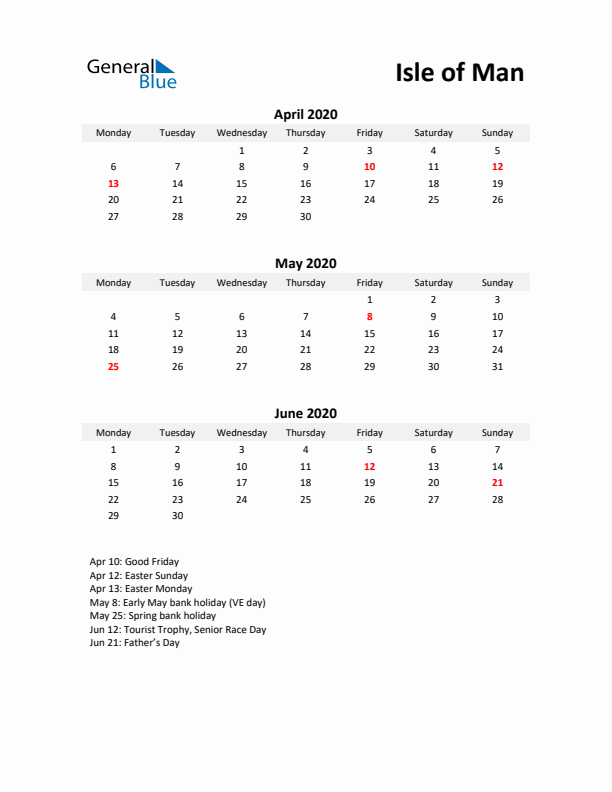 Printable Quarterly Calendar with Notes and Isle of Man Holidays- Q2 of 2020