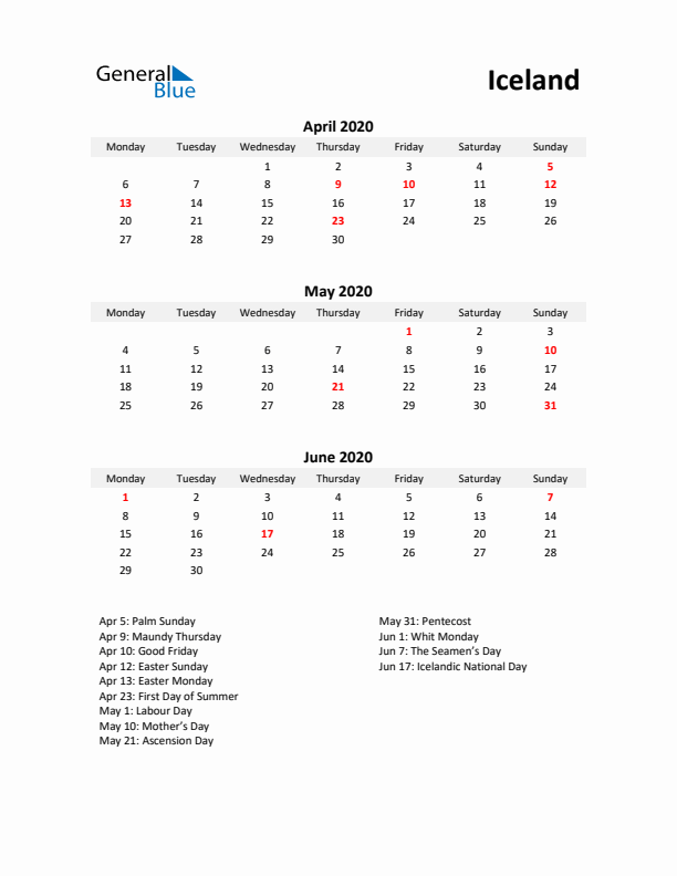 Printable Quarterly Calendar with Notes and Iceland Holidays- Q2 of 2020