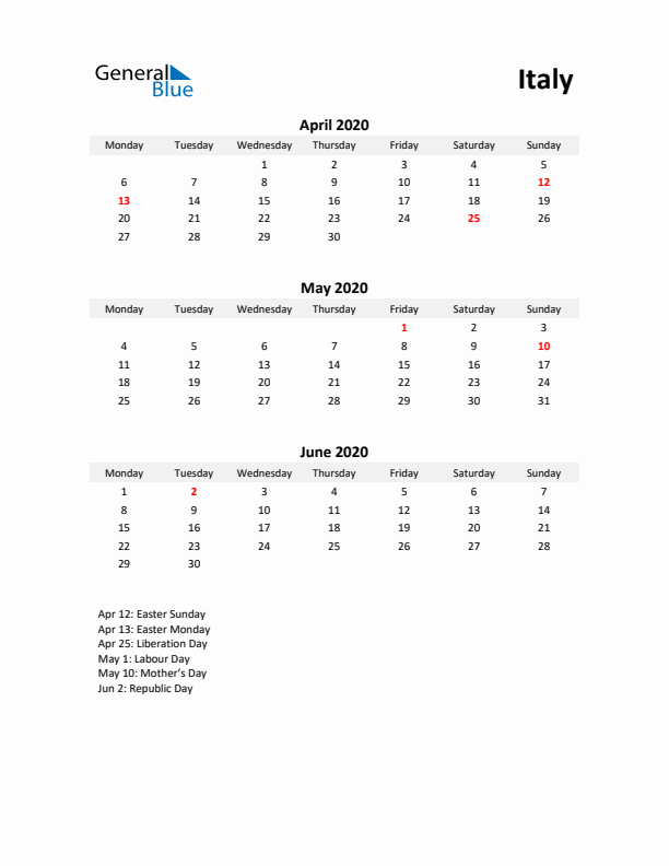 Printable Quarterly Calendar with Notes and Italy Holidays- Q2 of 2020