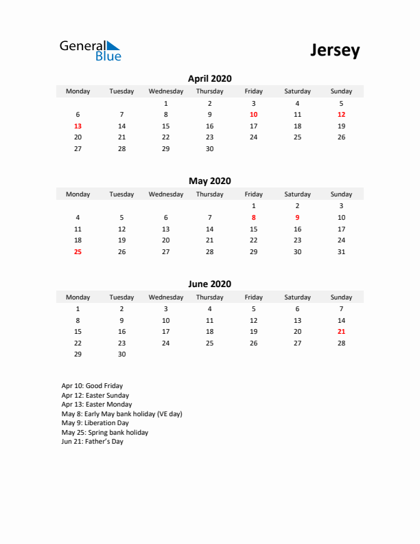 Printable Quarterly Calendar with Notes and Jersey Holidays- Q2 of 2020