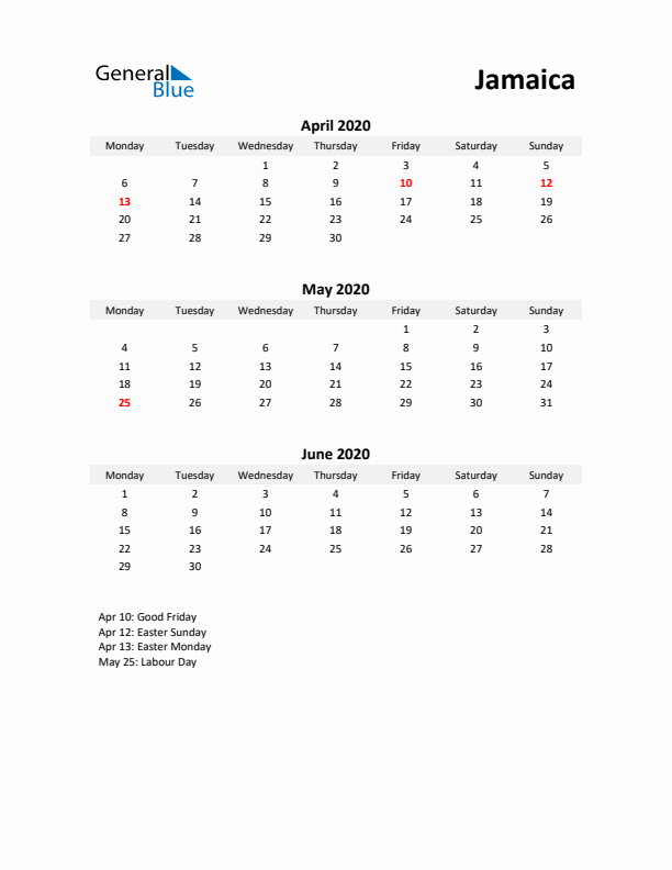 Printable Quarterly Calendar with Notes and Jamaica Holidays- Q2 of 2020