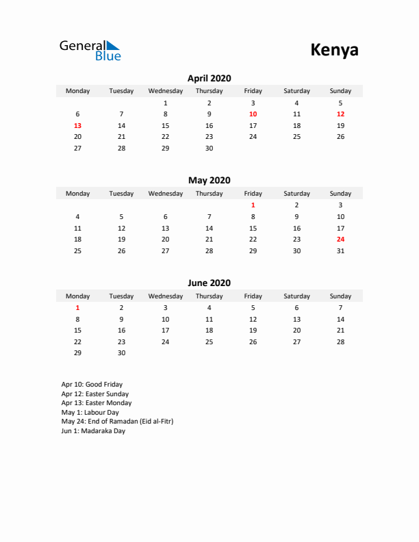 Printable Quarterly Calendar with Notes and Kenya Holidays- Q2 of 2020