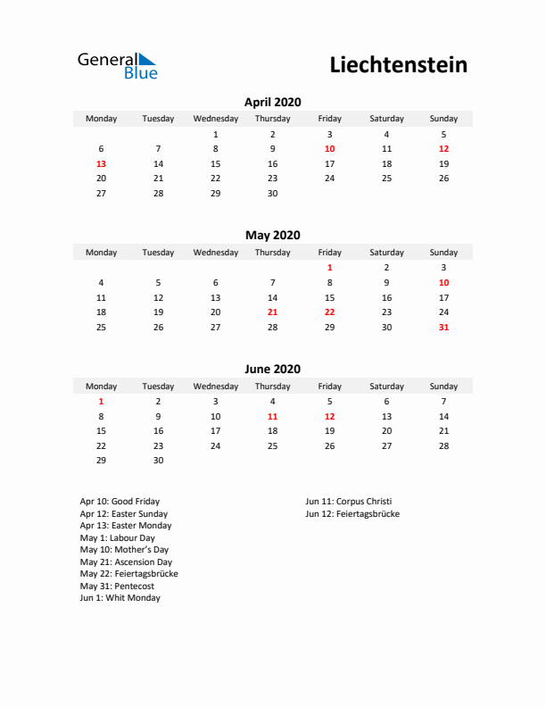 Printable Quarterly Calendar with Notes and Liechtenstein Holidays- Q2 of 2020