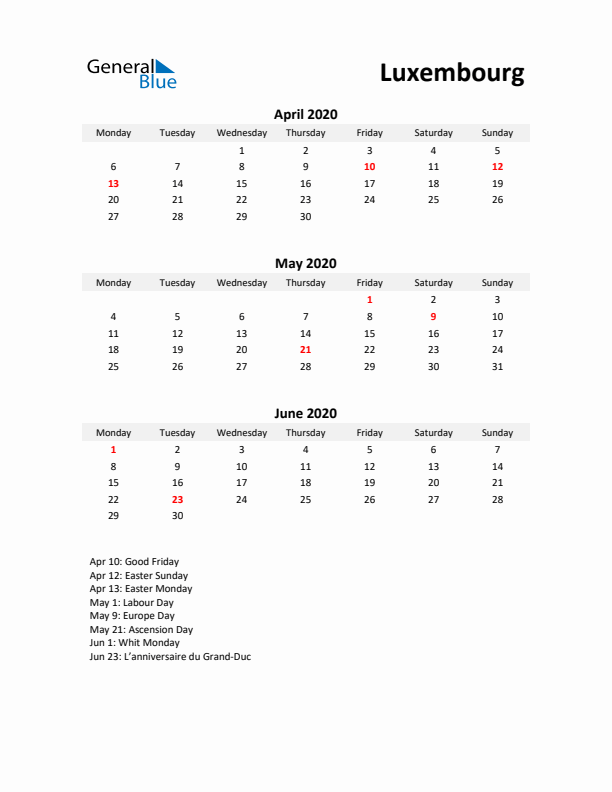 Printable Quarterly Calendar with Notes and Luxembourg Holidays- Q2 of 2020