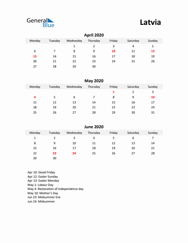 Printable Quarterly Calendar with Notes and Latvia Holidays- Q2 of 2020