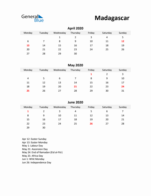 Printable Quarterly Calendar with Notes and Madagascar Holidays- Q2 of 2020