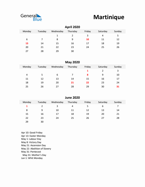 Printable Quarterly Calendar with Notes and Martinique Holidays- Q2 of 2020