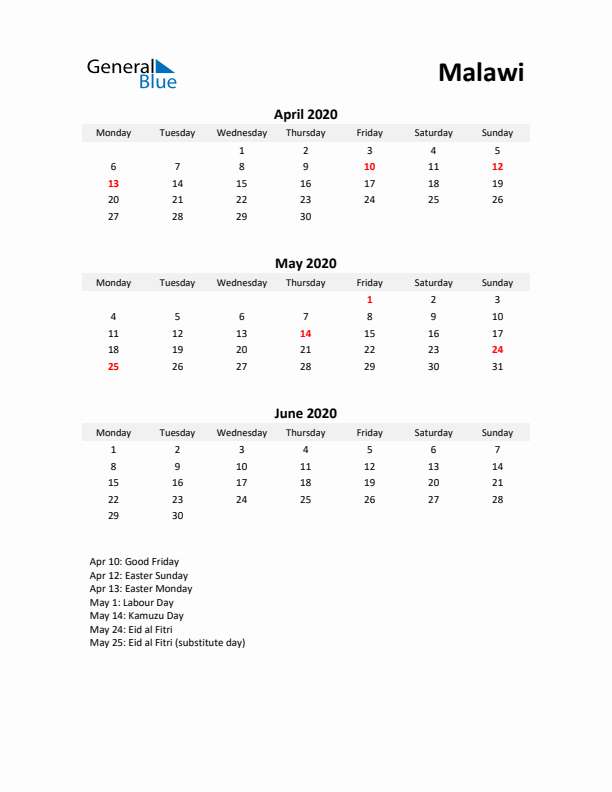 Printable Quarterly Calendar with Notes and Malawi Holidays- Q2 of 2020