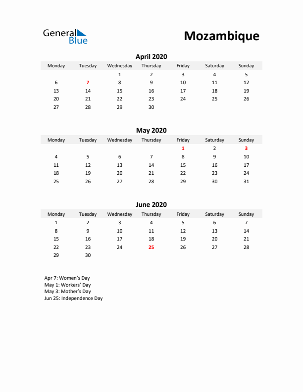 Printable Quarterly Calendar with Notes and Mozambique Holidays- Q2 of 2020