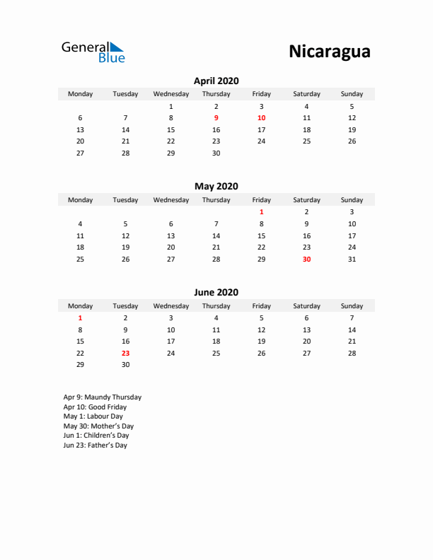 Printable Quarterly Calendar with Notes and Nicaragua Holidays- Q2 of 2020