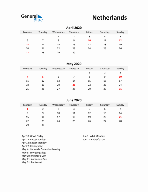 Printable Quarterly Calendar with Notes and The Netherlands Holidays- Q2 of 2020