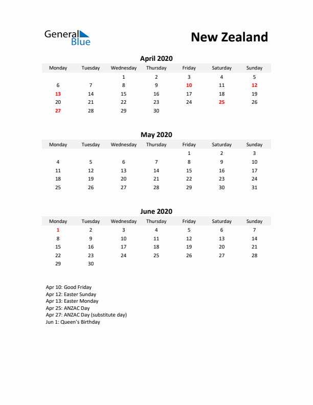 Printable Quarterly Calendar with Notes and New Zealand Holidays- Q2 of 2020