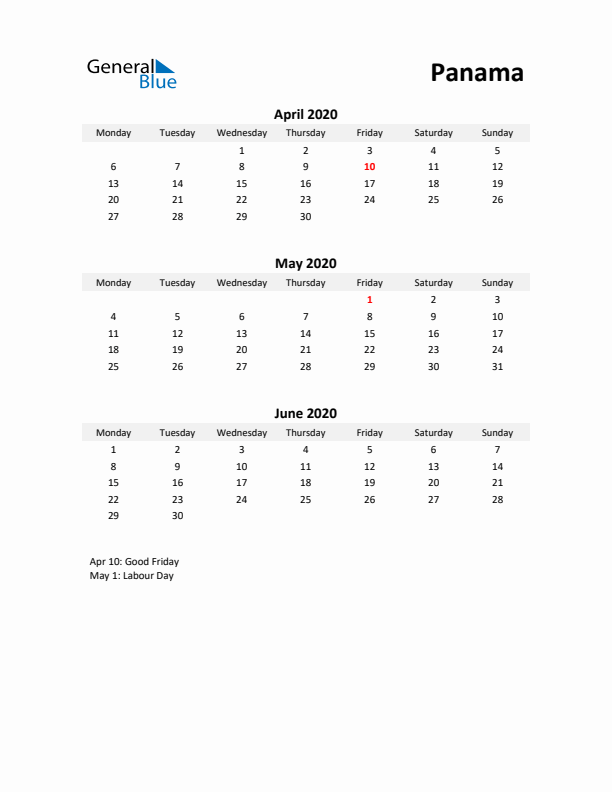 Printable Quarterly Calendar with Notes and Panama Holidays- Q2 of 2020