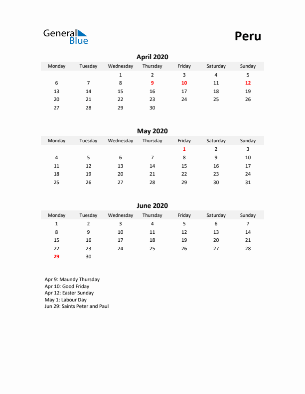 Printable Quarterly Calendar with Notes and Peru Holidays- Q2 of 2020