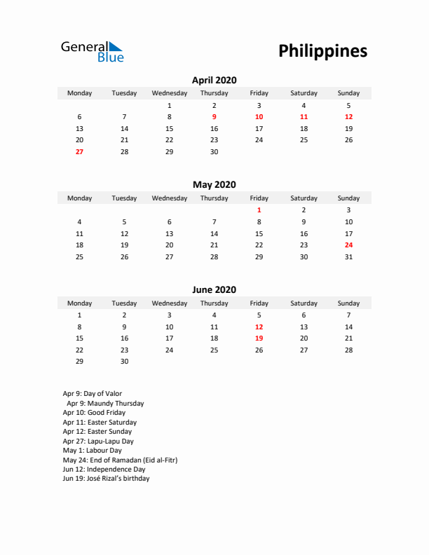 Printable Quarterly Calendar with Notes and Philippines Holidays- Q2 of 2020