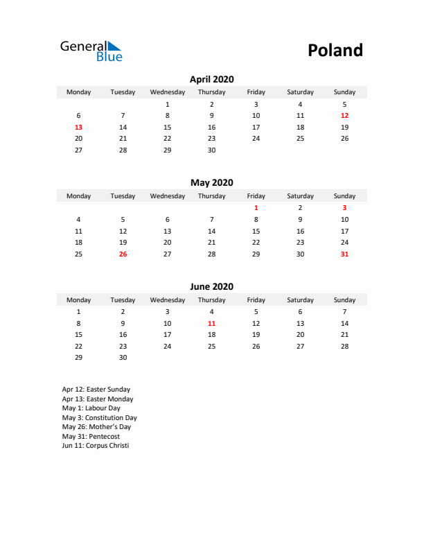 Printable Quarterly Calendar with Notes and Poland Holidays- Q2 of 2020