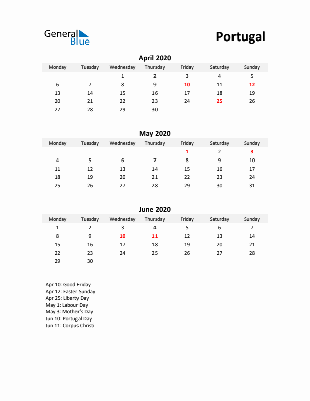 Printable Quarterly Calendar with Notes and Portugal Holidays- Q2 of 2020