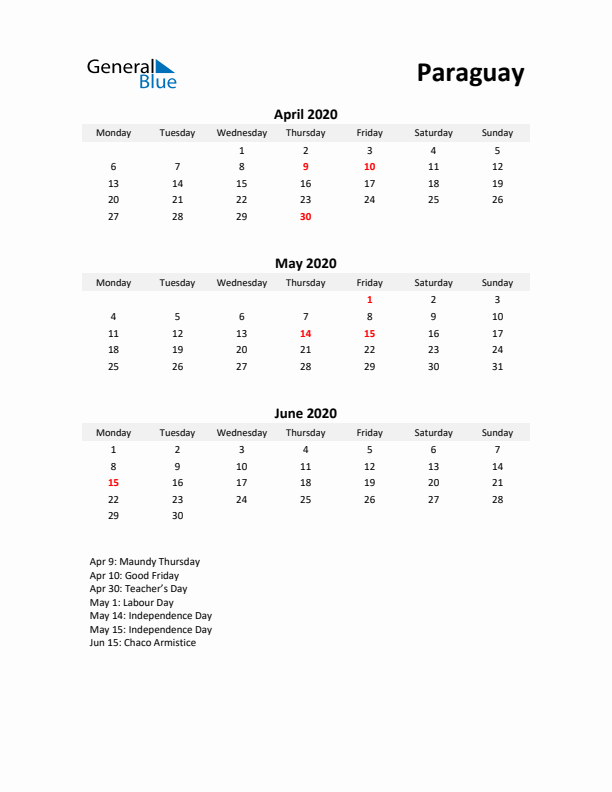 Printable Quarterly Calendar with Notes and Paraguay Holidays- Q2 of 2020