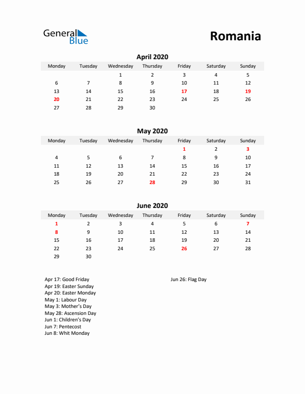 Printable Quarterly Calendar with Notes and Romania Holidays- Q2 of 2020