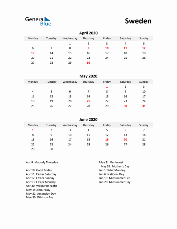 Printable Quarterly Calendar with Notes and Sweden Holidays- Q2 of 2020